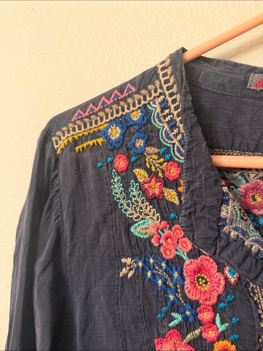 Johnny Was Navy Embroidered Boho Tunic with Multicolor Floral Detail - Picture 6 of 10